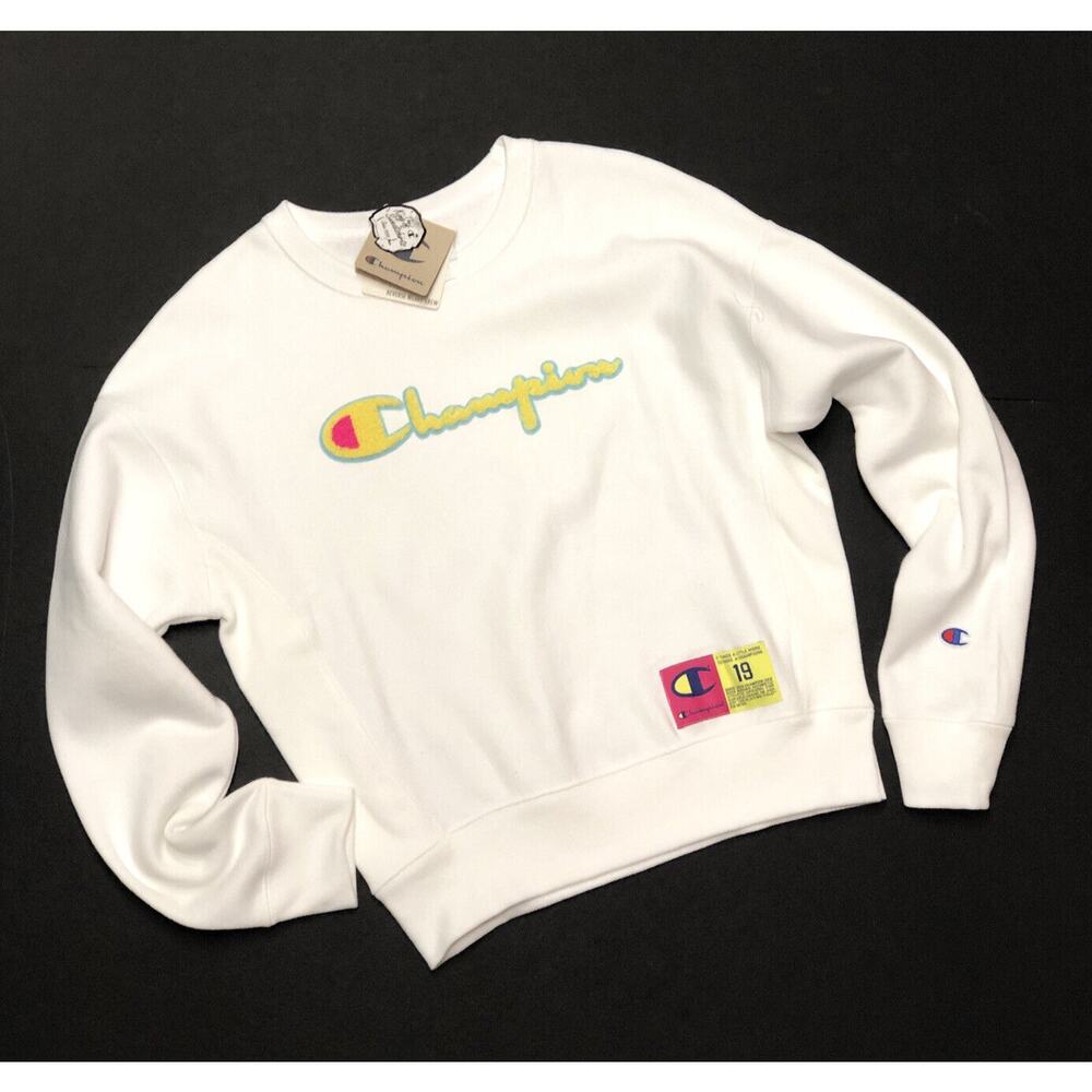 Women's Champion Reverse Weave Crew Sweatshirt White Neon Pink Size S Small